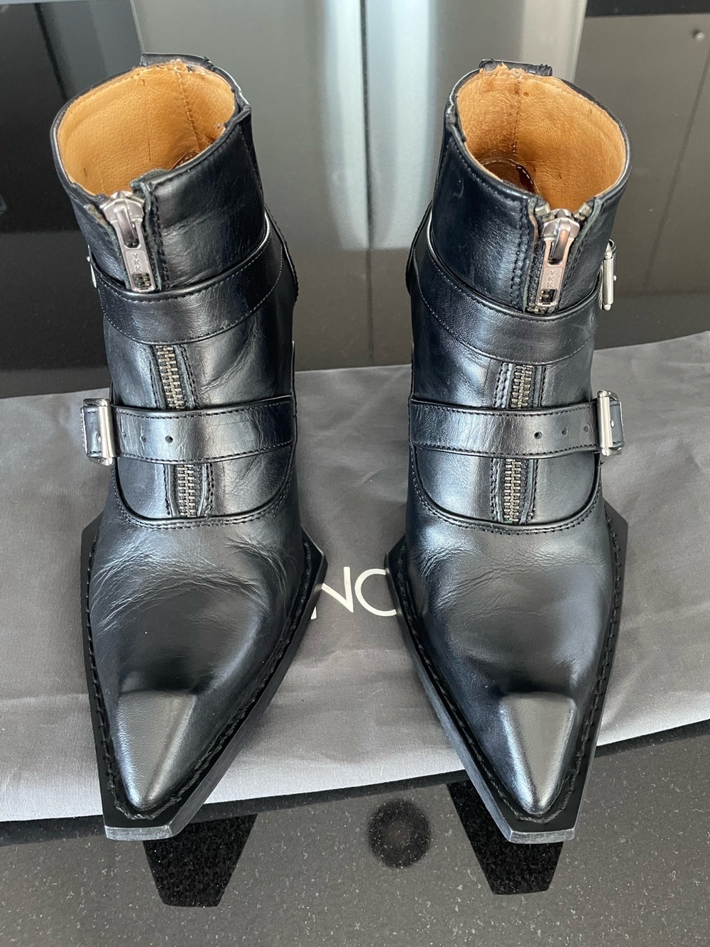 John Fluevog, black swordfish buckle/zip boot. Size 7.